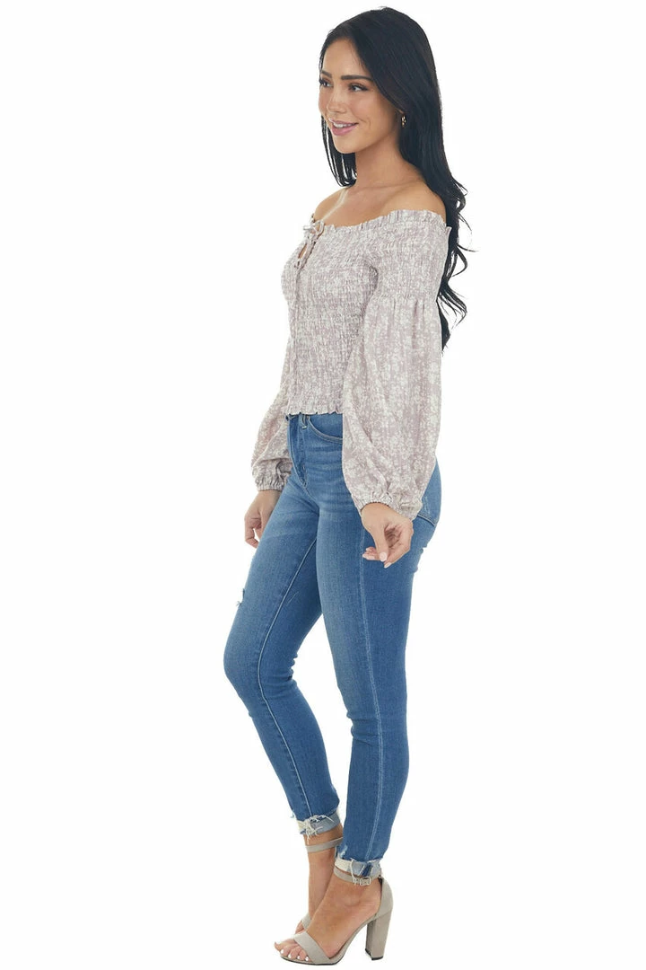 Illa Illa Lilac And Ivory Printed Smocked Off The Shoulder Blouse Tops 17 Illa Illa Lilac And Ivory Printed Smocked Off The Shoulder Blouse Tops