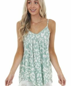 Lovely Melody Dark Mint Leopard Print Baby Doll Ribbed Knit Tank Top
