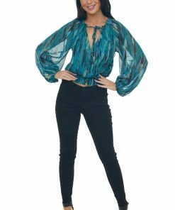 Peach Love Tops Sea Blue Abstract Print Metallic Thread Blouse