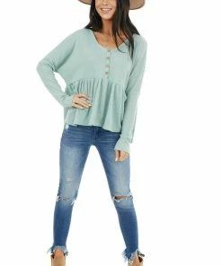 Style Melody Seafoam Henley Oversized Long Sleeve Babydoll Knit Top Tops