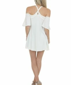 Fantastic Fawn Tops Ivory Flutter Sleeve Cold Shoulder Halter Top