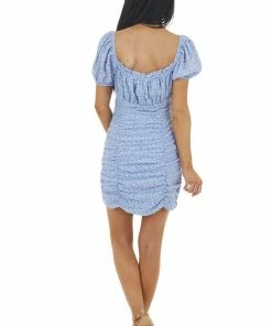 Lush Clothing Dusty Blue And Eggshell Ditsy Floral Print Mini Ruched Dress Dresses