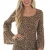 Ces Femme Camel And Sepia Leopard Flare Sleeve Top Tops