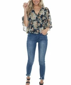 Entro Black Floral Flare Sleeve V Neck Babydoll Top Tops