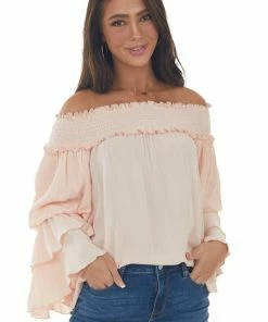 Easel Tea Rose Off Shoulder Tiered Ruffle Sleeve Top Tops