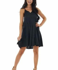 Entro Black Large Pleat Sleeveless Cami Dress With V Neck Dresses 24 Entro Black Large Pleat Sleeveless Cami Dress With V Neck Dresses