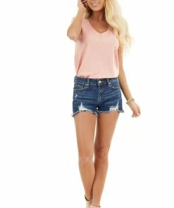 LE LIS Blush Pink Short Sleeve Knit Top With V Neckline