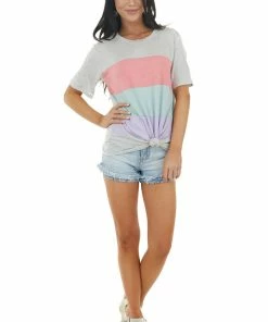 143 Story Heathered Dove Colorblock Knit Top With Short Sleeves Tops