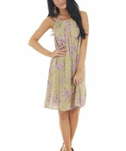 Staccato Pistachio Tropical Print Short Dress With Halter Neckline Dresses
