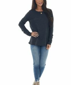 BiBi Tops Melange Black Long Sleeve Thumb Hole Knit Top