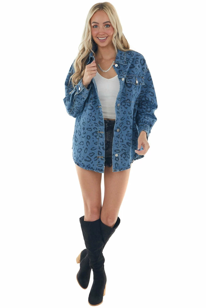 Davi & Dani Dark Wash Leopard Print Oversized Denim Jacket 18 Davi & Dani Dark Wash Leopard Print Oversized Denim Jacket