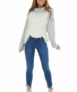 12PM Oatmeal Raglan Top With Contrast Sleeves And Cowl Neck Tops 33 12PM Oatmeal Raglan Top With Contrast Sleeves And Cowl Neck Tops