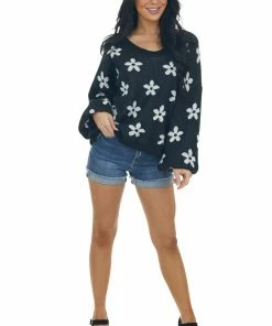 Peach Love Black And Ivory Daisy Print Sweater