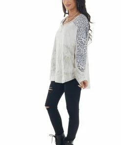 Easel Tops Grey Tie Dye And Animal Print Long Sleeve Top