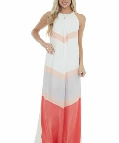Main Strip Ivory And Coral Chevron Colorblock Halter Neck Maxi Dress 25 Main Strip Ivory And Coral Chevron Colorblock Halter Neck Maxi Dress