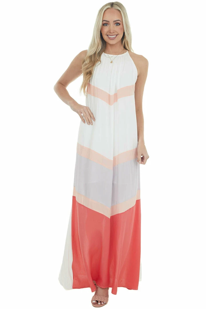 Main Strip Ivory And Coral Chevron Colorblock Halter Neck Maxi Dress 12 Main Strip Ivory And Coral Chevron Colorblock Halter Neck Maxi Dress