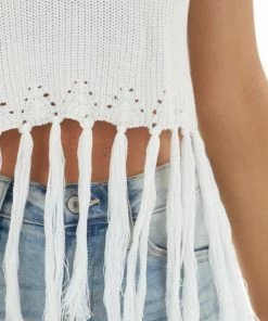 143 Story Off White Sweater Knit Cropped Fringe Tank Top