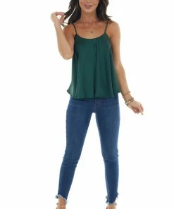 She + Sky Forest Green Satin Flowy Round Neckline Top