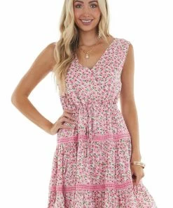 BiBi Carnation Floral And Lace Surplice Woven Dress Dresses
