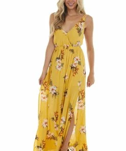 ROKOKO Dresses Canary Yellow Floral And Polka Dot Print Maxi Dress