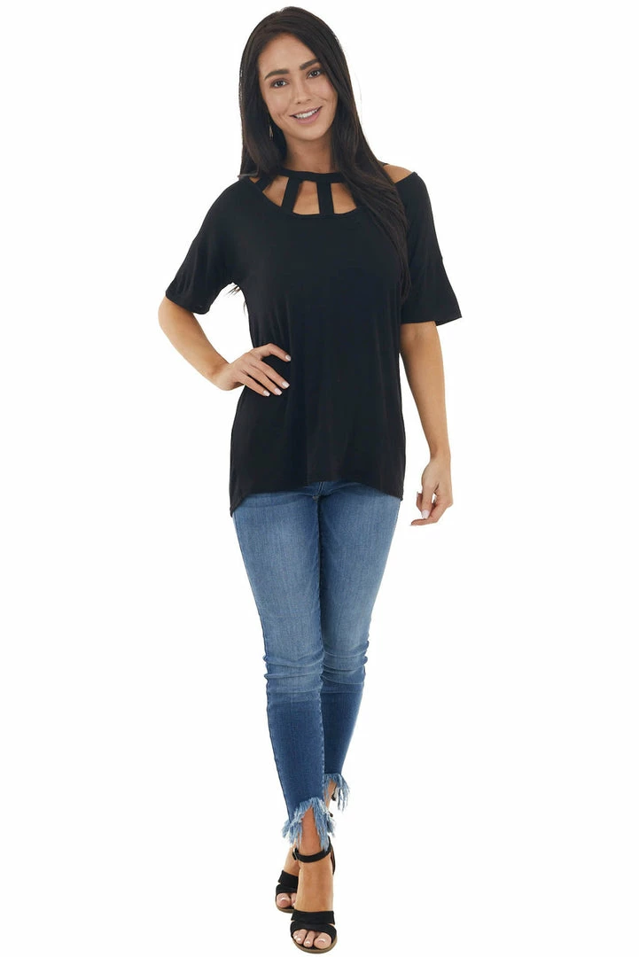 BiBi Tops Black Short Sleeve Knit Top With Caged Neckline 17 BiBi Tops Black Short Sleeve Knit Top With Caged Neckline