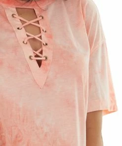Davi & Dani Tops Coral Tie Dye Lace Up V Neck Short Sleeve Tee
