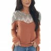 Lovely Melody Sandstone Brushed Knit Top With Printed Yoke