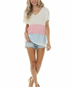 Lovely J Ivory Multicolor Striped Knit Top With Short Kimono Sleeves