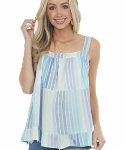 Davi & Dani Tops Navy Multicolor Striped Tank Top With Pockets