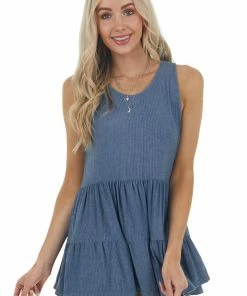 Staccato Tops Denim Blue Sleeveless Ribbed Knit Tiered Drop Waist Top
