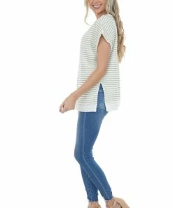 Umgee Sage And Ivory Striped V Neck Waffle Knit Top