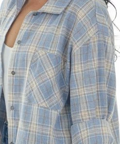 She + Sky Dusty Blue Plaid Front Knot Button Down Shirt Tops