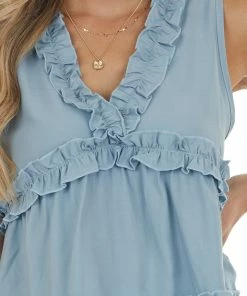 AND THE WHY Slate Blue Sleeveless Top With Ruffle Details Tops