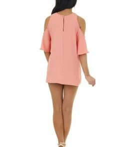 143 Story Tops Coral Cold Shoulder Blouse With Criss Cross Halter Neck