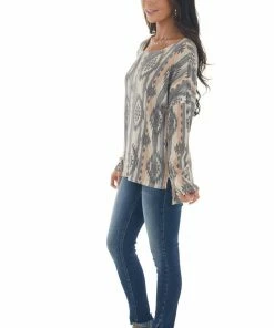 Lovely Melody Tops Stone Grey Aztec Print Long Sleeve Tunic Top 26 Lovely Melody Tops Stone Grey Aztec Print Long Sleeve Tunic Top