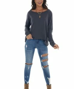 143 Story Stormy Blue Lightweight Stretchy Knit Top With Long Sleeves