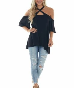 Fantastic Fawn Tops Black Flutter Sleeve Cold Shoulder Halter Top