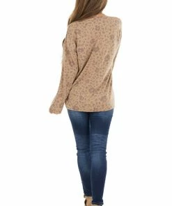 Cotton Bleu Taupe Leopard Print French Terry Knit Long Sleeve Top Tops