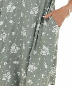 Vanilla Bay Dresses Sage Floral Print Mock Neck Ribbed Dress