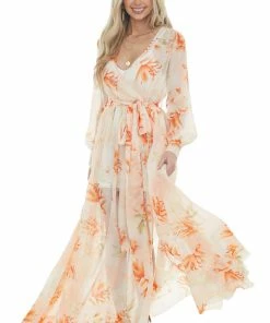 Bighit Fashion Light Peach Floral Print Long Sleeve Sheer Woven Maxi Dress Dresses 30 Bighit Fashion Light Peach Floral Print Long Sleeve Sheer Woven Maxi Dress Dresses