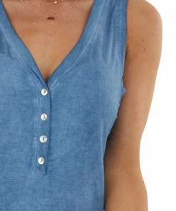 POL Clothing Ocean Stretchy Knit Tank Top With Buttons