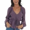 &merci Tops Deep Lilac V Neck Flowy Blouse With Tie Detail