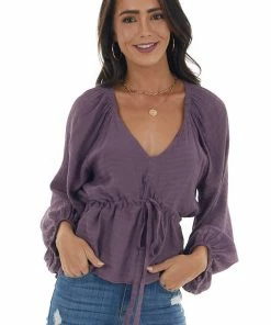 &merci Tops Deep Lilac V Neck Flowy Blouse With Tie Detail