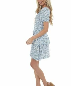 Sweet Lemon Sapphire Floral Print Surplice Tiered Dress Dresses