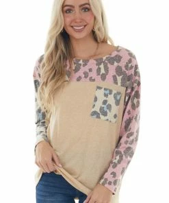 BiBi Heathered Taupe Leopard Top With Chest Pocket