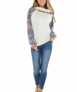 12PM Tops Cream And Dusty Cornflower Floral Hoodie With Drawstrings 12 12PM Tops Cream And Dusty Cornflower Floral Hoodie With Drawstrings