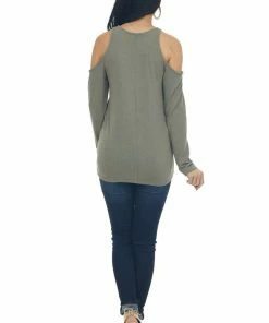 143 Story Olive Strappy Cold Shoulder Long Sleeve Top Tops