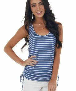 143 Story Catalina Blue Striped Sleeveless Top With Ruched Side Detail Tops