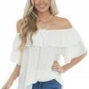 143 Story Tops Ivory Off The Shoulder Metallic Thread Blouse