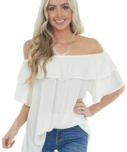 143 Story Tops Ivory Off The Shoulder Metallic Thread Blouse